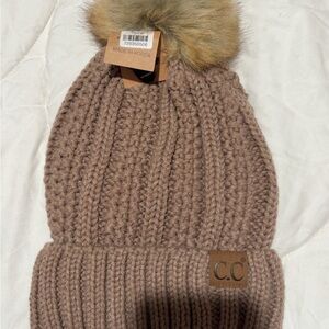 CC Boutique Womens Brown Knit Beanie with Faux Fur Pom
